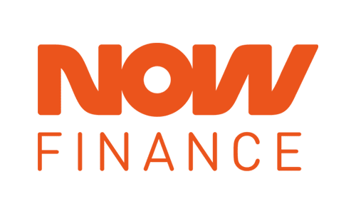 Logo of Now Finance in orange text on a white background.